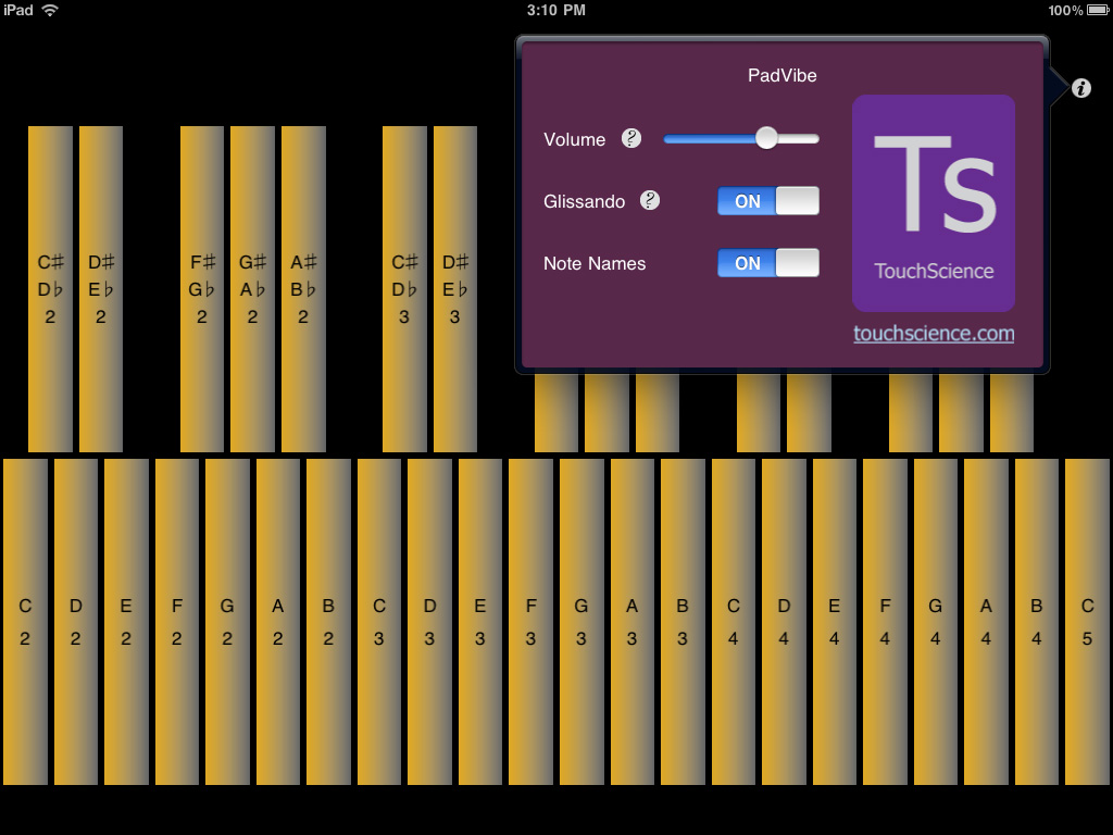 PadVibe screen with popover